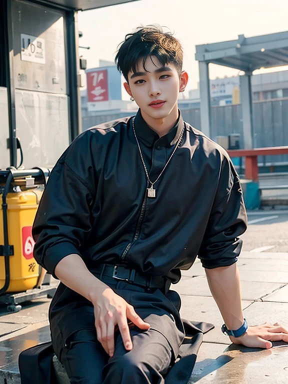 Exquisite, masterpiece, Beautiful details, colorful, Subtle details, Delicate lips, Intricate details, Muscular chest, 1 male, (20 year old handsome Korean man: 1.7), (K-Pop Idols, Korean mixed race man:1.6), (50mm Sigma f/1.4 ZEISS Lenses, F1.4, 1/800s, ISO100, photograph:1.1), (Go brunette: 1.2), (Realistic:1.4 ), (spy:1.2), (Black suit:1.6), Earrings, necklace, Arm band, (Shoulder strap, bar:1.2), (美foot, High Girl, skinny, slim_foot, thigh_gap, model:1.2), Lens flare, Viewed from the front, (Smile: 1.1), Dynamic pose, (compensate: 1.2), barスツールに座っている,(High Top Fade:1.7),