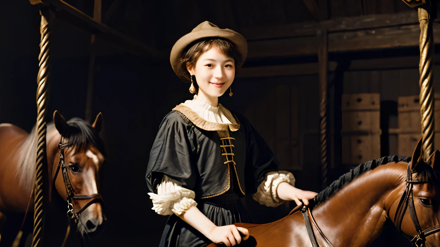 220 Short Hair, 20-year-old woman, A kind smile, (Luxurious stables), (Rembrandt-style painting)