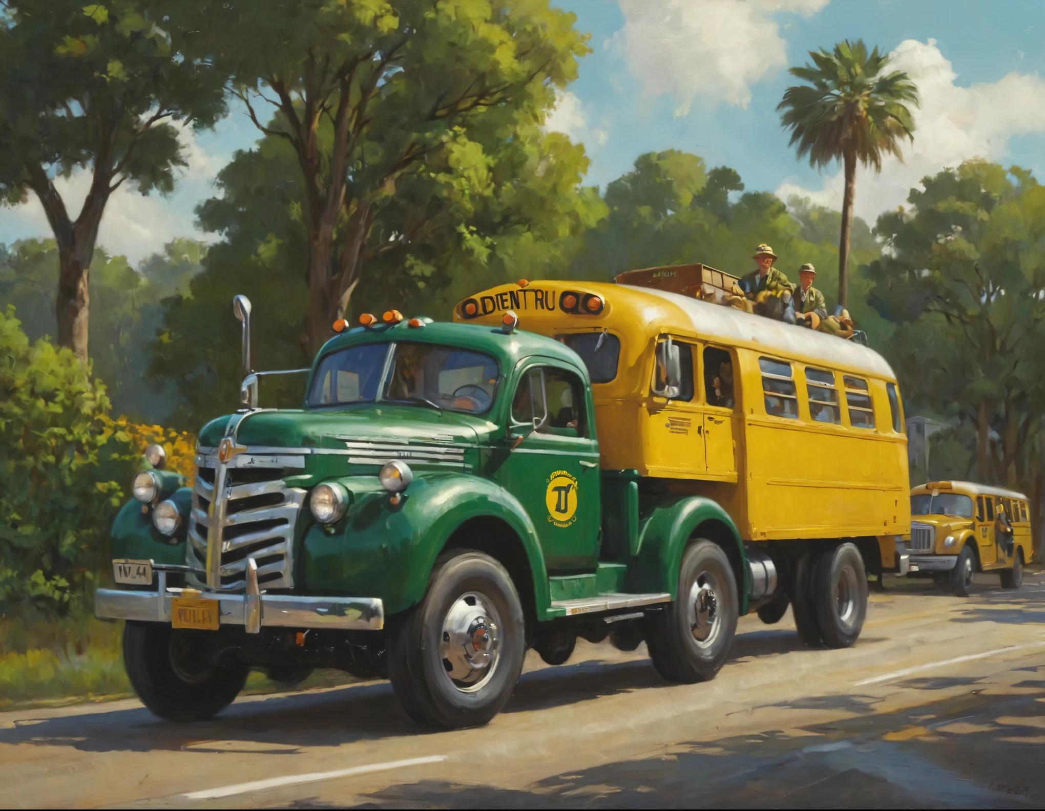 A picture of a green truck with a yellow bus on the back, Don Reichert, Howard Lyon, John Whitcomb, by Brian Thomas, Ken Messer, Written by Gerald Kelly, Ken Kelly, Glen Barr, James Gurney&#39;s painting style, by Michael Sutfin, by Roy Newell, 2 0 2 1 Award-winning works