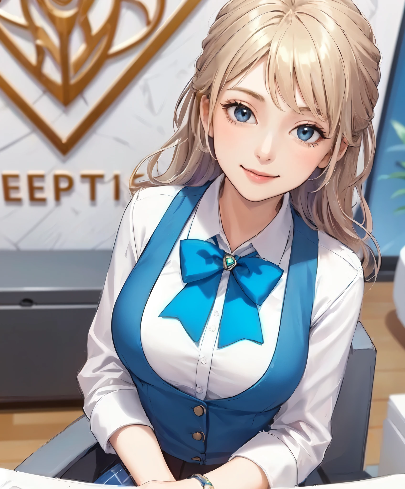 1lady solo, sitting, (looking up) (from above), office worker, ((vivid blue vest:1.1) over white dress shirt), mature female, /(beige hair/), kind smile, (masterpiece best quality:1.2) delicate illustration ultra-detailed, large breasts, bowtie BREAK (modern office) indoors, (reception desk), (stylish company logo on wall) , detailed background