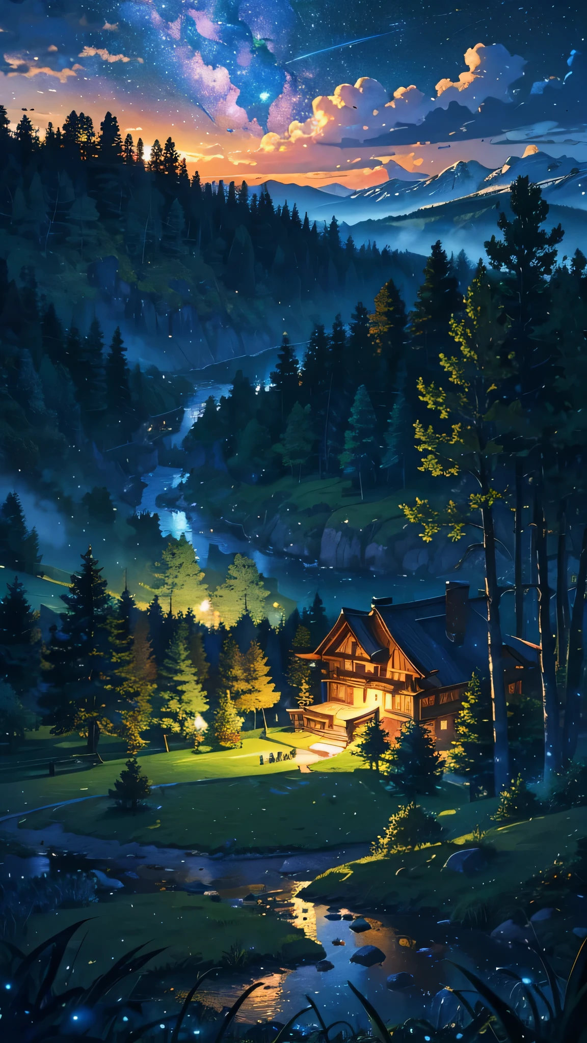 Anime scenery
BREAK (masterpiece, best quality:1.2), outdoors, nature, forest, pines, grass, tall grass, detailed grass, plants, clouds, milky way, maple trees, farm landscape, valleys , night sky, night time, castle, snow, winter