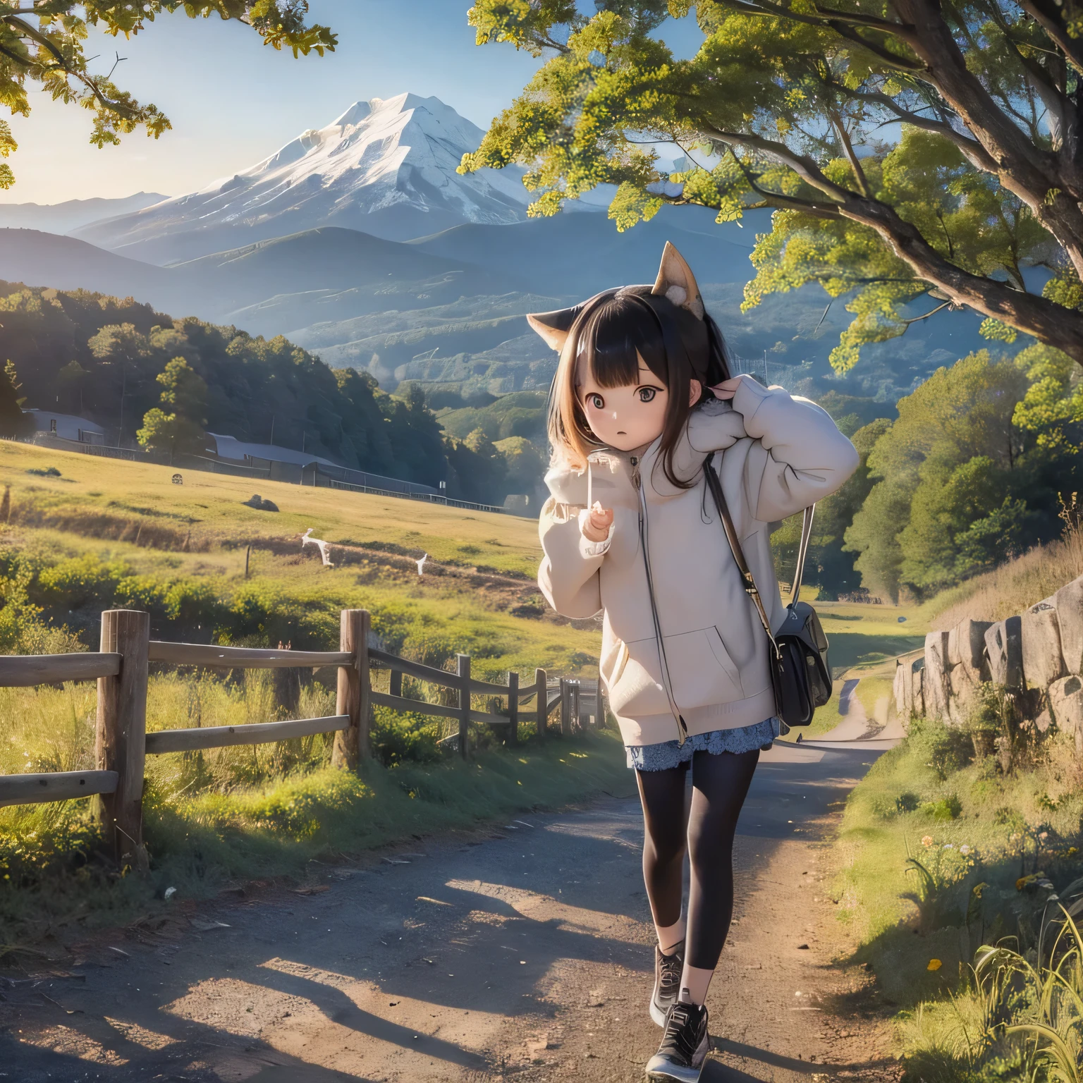 Shiba Inu girl rural scenery(((
A tall mountain)))