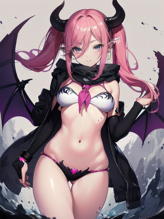 masterpiece, best quality, (detailed face and eyes:1.2), absurdres, highres, detailed eyes, frontal camera,
(1girl), 
low twintails,

,
masterpiece, best quality,
(succubus attire:1.4),
,
,
[ass visible through thighs, thigh gap, cameltoe],
(thighs),
shiny skin, wet skin, 
(cowboy shot), 
[standing],
cowboy_shot, looking_at_viewer,
masterpiece, best quality,
headdress,
duffel coat,
hair bobbles,
neckerchief,
armlet,
wrist scrunchie,
elbow gloves,
wristband,
bursting breasts,
