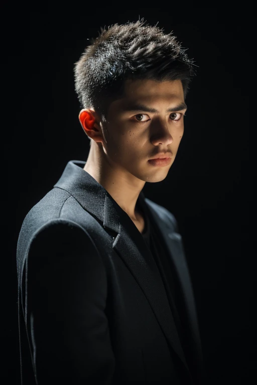 (8k, RAW Photos, highest quality,High resolution, masterpiece: 1.2). (Realistic, Realistic: 1.37),((Light on face:1.2)),((Cinema Lighting:1.2)),(Photorealism:1.4),(Real Image),(Photographic images),20-year-old,((Japanese)),(male:1.3), (High Top Fade:1.4), Dark Theme, Calm tone, Calm colors, High Contrast, (Natural skin texture, Hyperrealism, Soft Light, sharp),(Black suit)