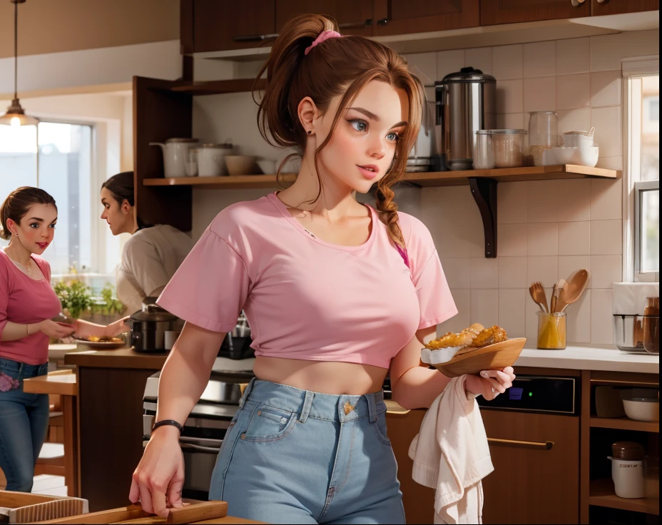 White girl with brown hair in a ponytail, honey eyes, wearing jeans and a pink blouse, cooking in an open kitchen.