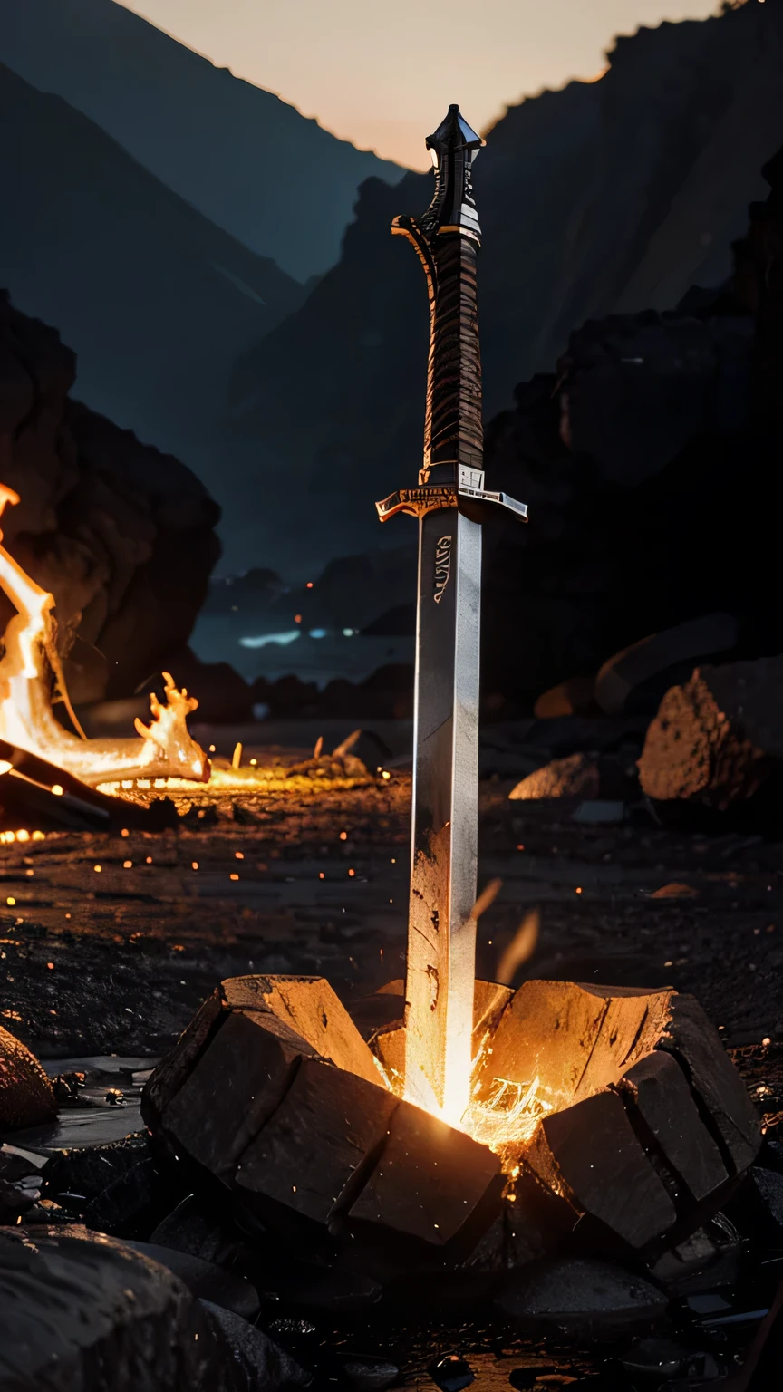 A legendary sword placed on lava