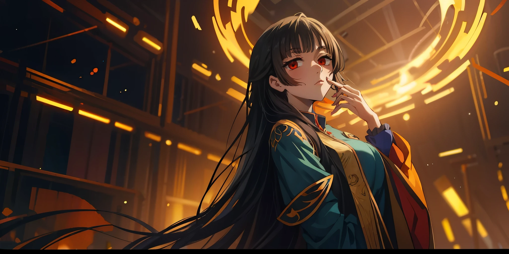 black hair, long hair, ichihara_yuuko, red eyes, curvy, anatomically correct, heavy breathing, huge breasts, looking_at_viewer, upper_body, androgynous, hand on cheek, letterboxed, simple_background, gold_trim,, chinese_clothes, green_dress, glow effects, godrays, Hand drawn, render, 8k, octane render, cinema 4d, blender, dark, atmospheric 4k ultra detailed, cinematic, Sharp focus, big depth of field, Masterpiece, colors, 3d octane render, 4k, concept art, trending on artstation, hyperrealistic, Vivid colors, extremely detailed CG unity 8k wallpaper, trending on CGSociety, Intricate, High Detail, dramatic, anime coloring, anime screencap, (shaded face:1.2), hollow eyes, red eyes, looking at viewer, (heavy breathing:1.2), emotionless, lips,