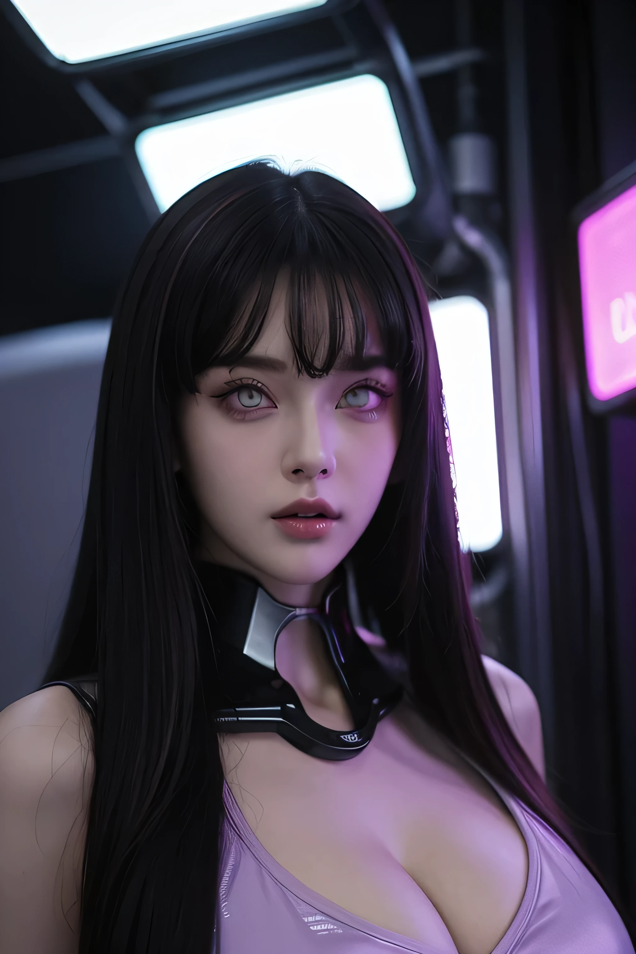 One female , bright purple eyes , "pupils glowing purple" , black hair , blonde highlights" , very_long_hair with bang, big_breasts , perfect figure , detailed face, perfect face, upper body, masterpiece , best quality , ultra detailed , (detailed background) , perfect shading , high contrast , best illumination , extremely detailed , ray tracing , realistic lighting effects , neon noir illustration , cyberpunk background 