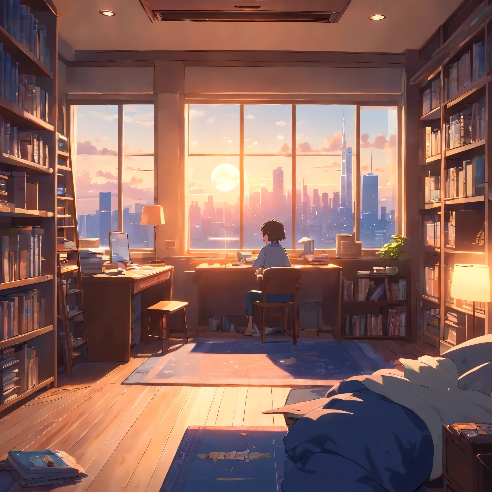 3D Animation Movie Still Cozy Room, Large windows offer city views, Crested Moon, depressed, Sad atmosphere, desk , Cluttered furniture, A row of bookshelves,floor,carpet
