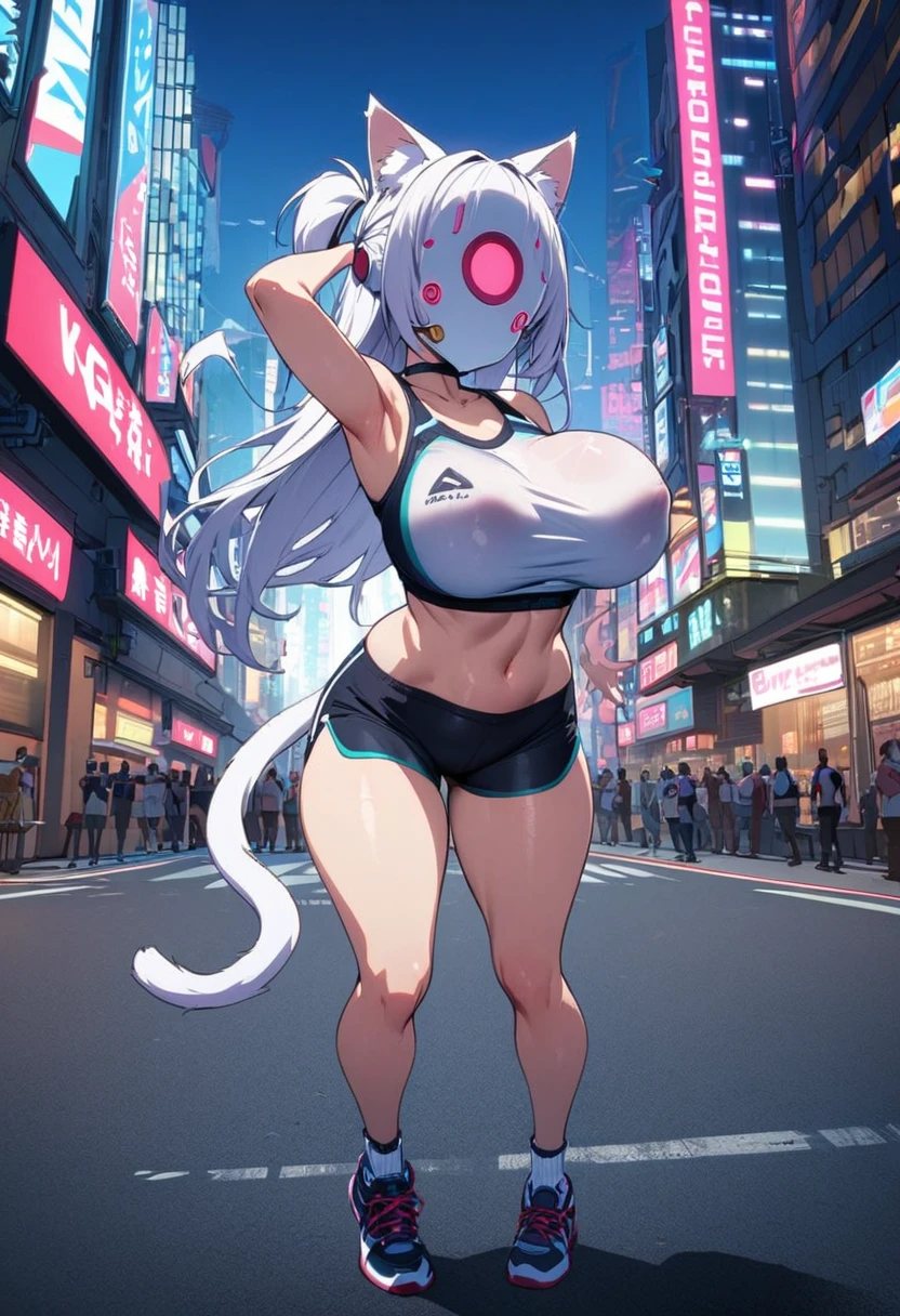 cat round screen head robot girl sex big breast cat ears cat tail breast enlargement 臉紅 sports tops sports Shorts sci-fi city full-body full-body shot