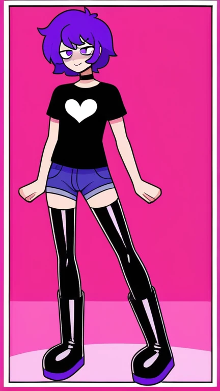 Best quality, super detailed illustration, warm colors, Ideal lighting, Perfect detail, boy, Femboy, black T-shirt with a heart pattern, long tousled thick purple hair, bright eyes, Rubber boots, short shorts,