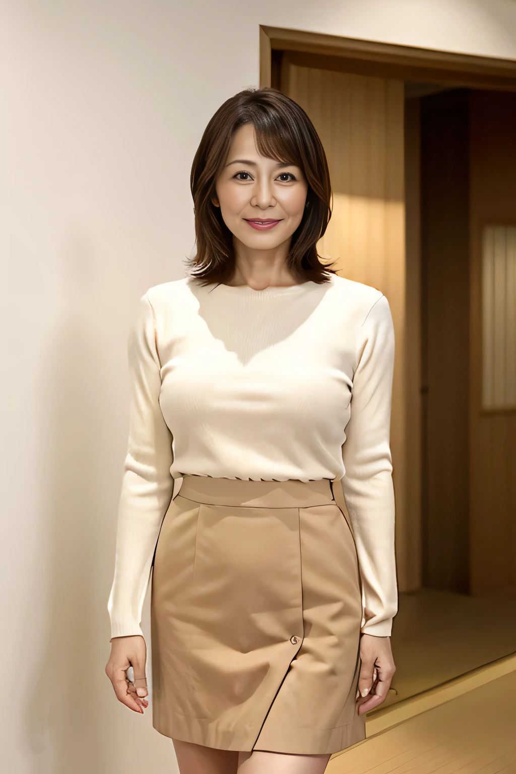 Masseter muscle area, highest quality, masterpiece, High resolution, Photorealistic, RAW Photos, 8k wallpaper, perfection, Professional Lighting, Very detailed, Depth of written border,Pale plain background, ((Beautiful Japanese Mature)), ((40 years old)), Sexy Woman, Detailed face, Beautiful Eyes, bangs, ((Large Breasts)), Light brown short hair, Faint lips, ((Stand in front、View your viewers)),sweater, skirt, legs protruding from the frame,smile,Short skirt,entrance