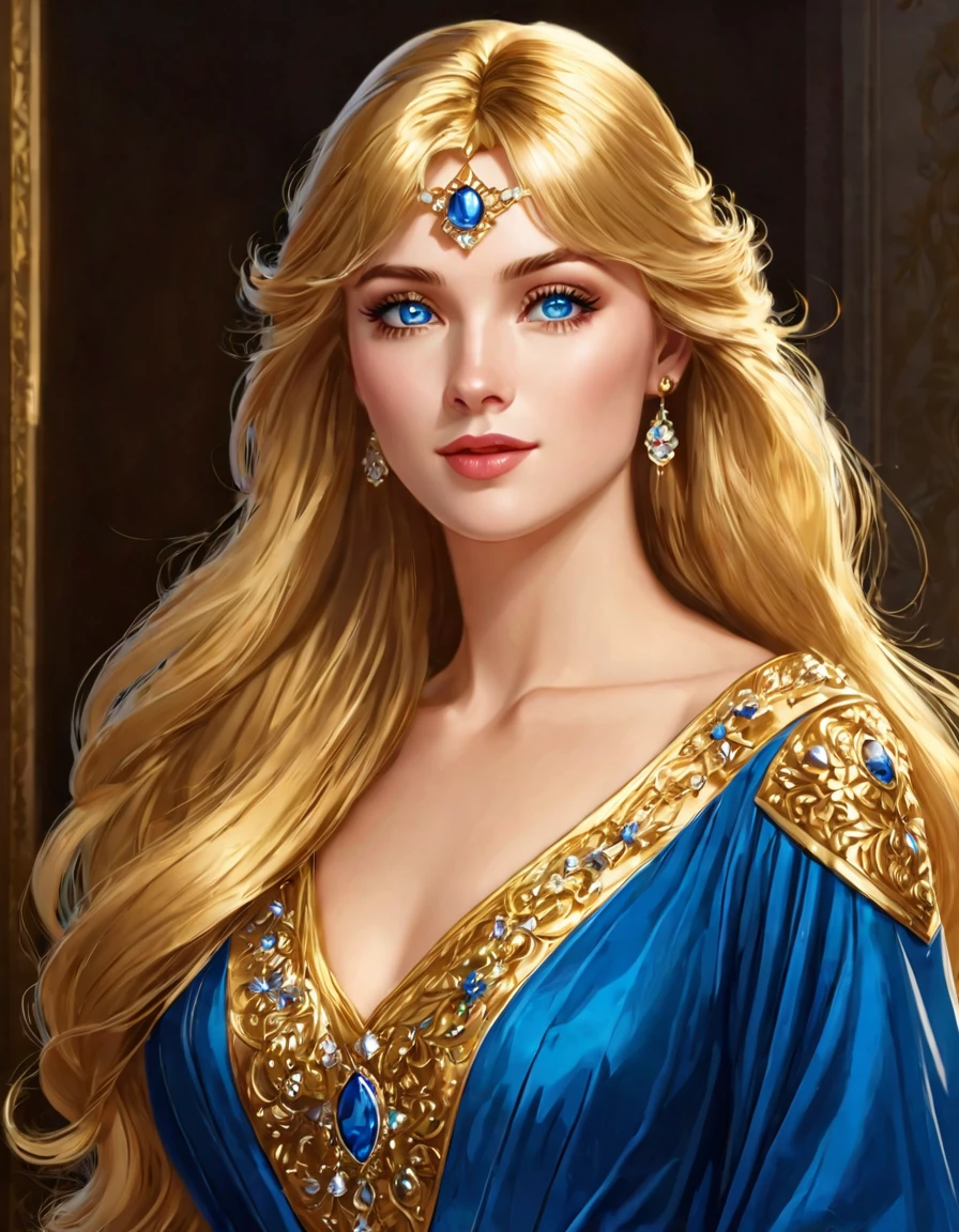 Incredibly beautiful golden-haired blonde with blue eyes, long golden hair. She has long bangs, a luxurious gold dress, and an exquisite gold tiara. Masterpiece, perfect image, realistic pictures, detailed face study, full-length image, 8k, detailed image. extremely detailed illustration, a real masterpiece of the highest quality, with careful drawing.