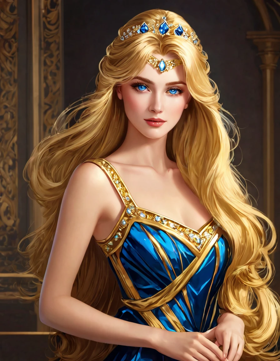 Incredibly beautiful golden-haired blonde with blue eyes, long golden hair. She has long bangs, a luxurious gold dress, and an exquisite gold tiara. Masterpiece, perfect image, realistic pictures, detailed face study, full-length image, 8k, detailed image. extremely detailed illustration, a real masterpiece of the highest quality, with careful drawing.