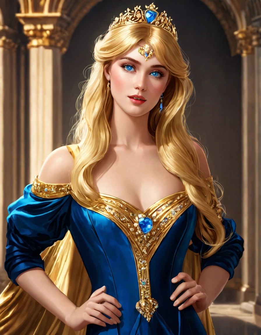 Incredibly beautiful golden-haired blonde with blue eyes, long golden hair. She has long bangs, a luxurious gold dress, and an exquisite gold tiara. Masterpiece, perfect image, realistic pictures, detailed face study, full-length image, 8k, detailed image. extremely detailed illustration, a real masterpiece of the highest quality, with careful drawing.