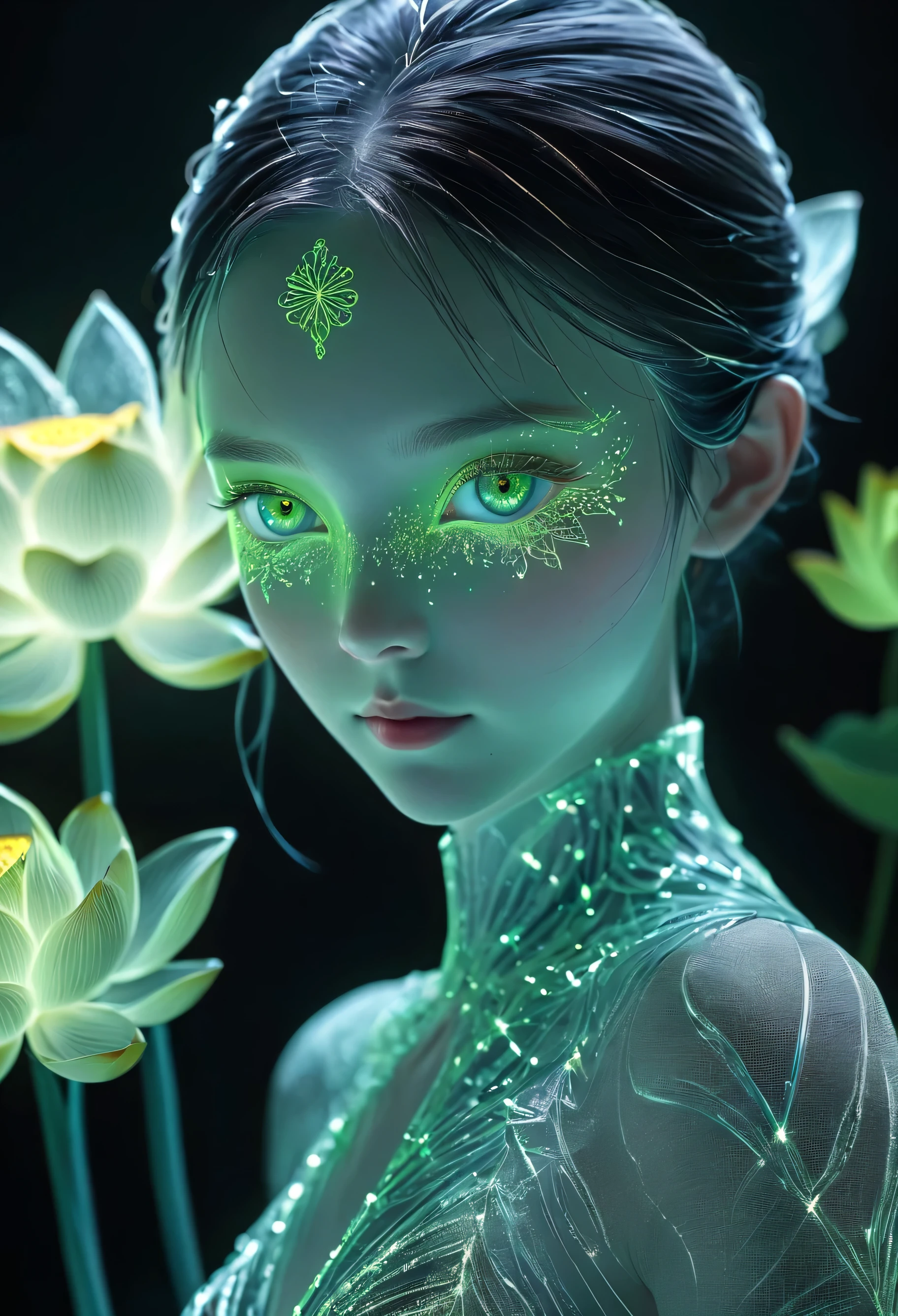 high resolution, Ultra Detailed, (1 girl:1.3),（lotus）
BREAK Sunlight, reverberation, Experimental photography, Surreal contrasts, Eye-Catching Visuals, Artistic abstraction,
Breaking the art of cutting, Layered Outlines, complex pattern, exquisite craft, shadow play, Depth and size, creative expression,
break art, Frozen sculpture, translucent form, short-lived beauty, Crystal structure, exquisite craft, touching,
Breaking Green Eyes,Body Glow，glowing lines，Fluorescence,Glow Example，Sample trace，flash，萤Light Particles，Backlight，translucent，Light Particles