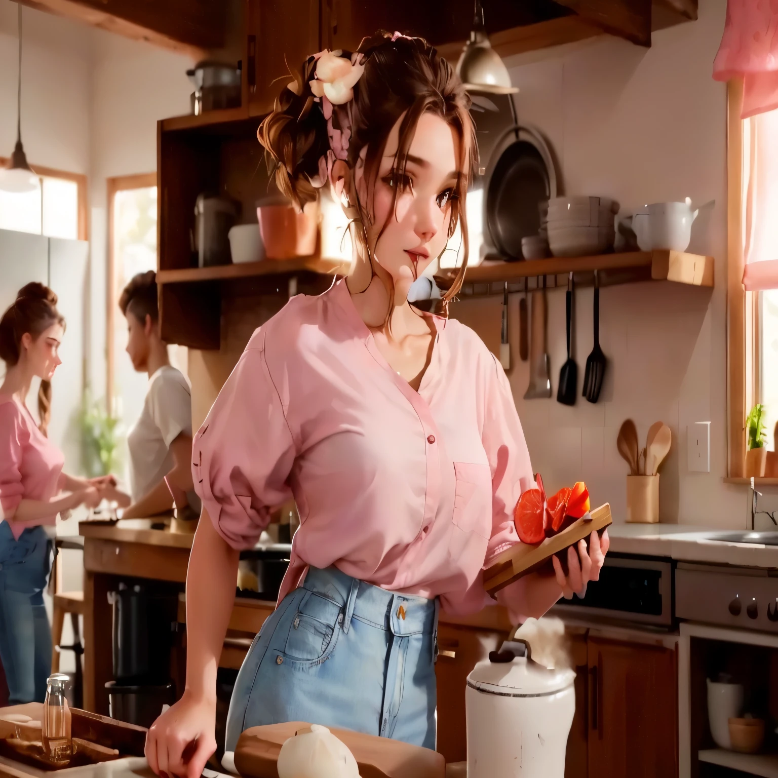 Nice skinny girl
White body with brown hair tied from the top, honey eyes in jeans and a pink blouse, cooking in a kitchen, an open house on an island, eating gouache with a knife on the kitchen board.