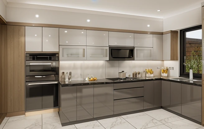 minimalist kitchen, glossy oak panel