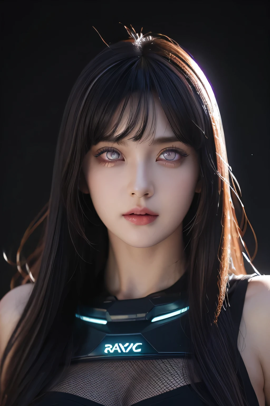 One female , bright purple eyes , "pupils glowing purple" , black hair , blonde highlights" , very_long_hair with bang, big_breasts , perfect figure , detailed face, perfect face, upper body, masterpiece , best quality , ultra detailed , (detailed background) , perfect shading , high contrast , best illumination , extremely detailed , ray tracing , realistic lighting effects , neon noir illustration , cyberpunk background 