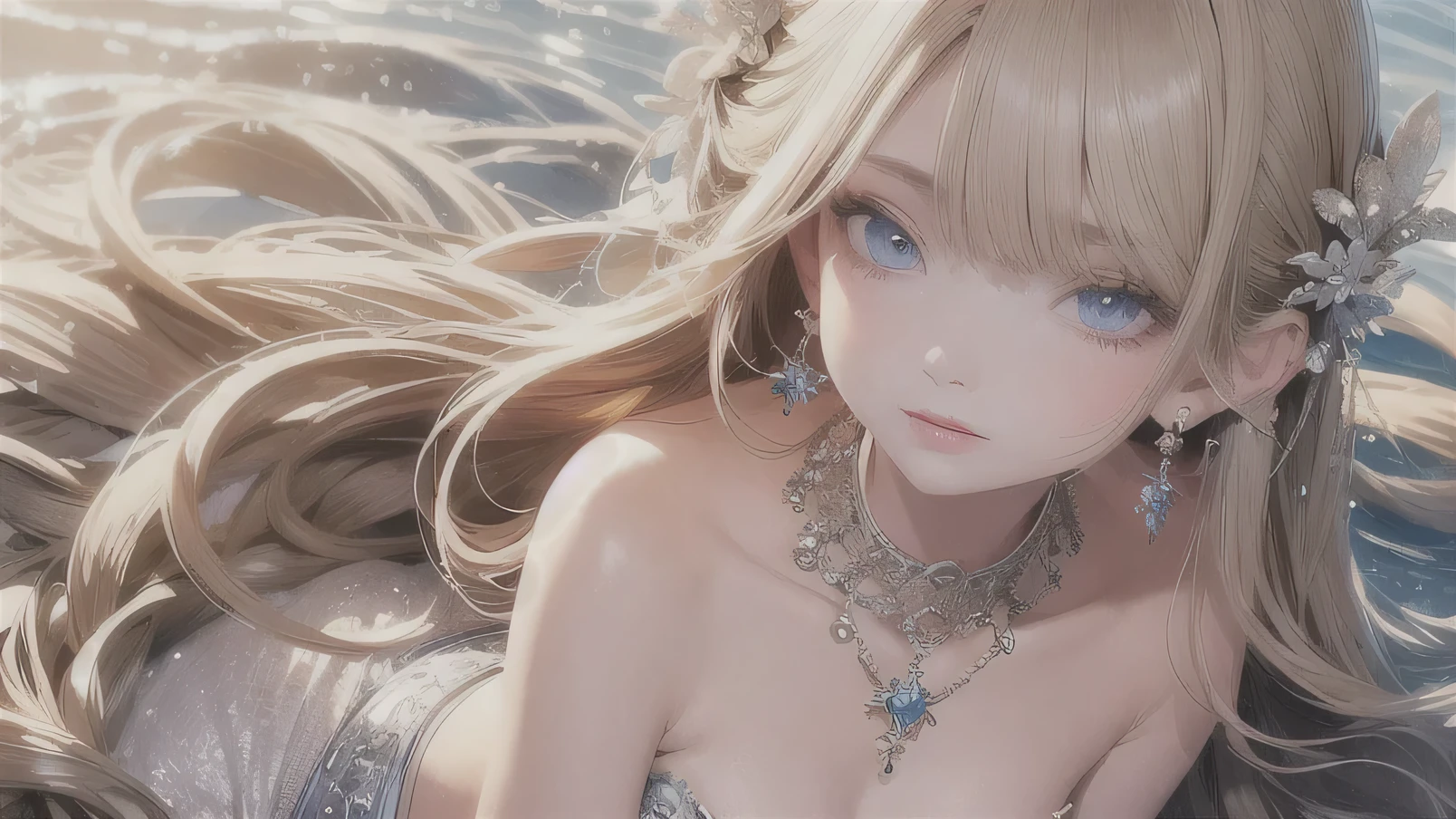 tmasterpiece,Highest high resolution, beautiful mermaid sitting on a beach, mermaid tail,Dynamic bust of beautiful aristocratic maiden, light blonde hair, beautiful blue eyes,hair is covered with beautiful and delicate floral craftsmanship, Crystal jewelry filigree,Ultra-detailed details,upscaled。best quality, 8k, high quality, masterpiece, girl mermaid white scales, with small fishes, looking up, straight hair, Fair skin, side sun-light, reflection light, dynamic pose realistic, detailed and correct facial structure