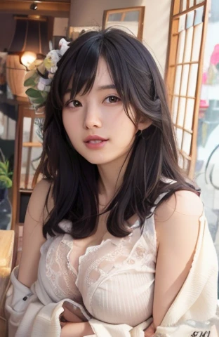 highest quality, Ultra-high resolution, Highly detailed skin, Physically Based Rendering, Look Down,(((Japanese woman in her 20s,She was leaning forward, supporting her chest with her arms, and not wearing any underwear., Large Breasts, I can see the nipples too, from the front))),((topless)),(Beautiful background:1.2), ((Cleavage)), ((Showing her nipples)), （((Take off your clothes)))