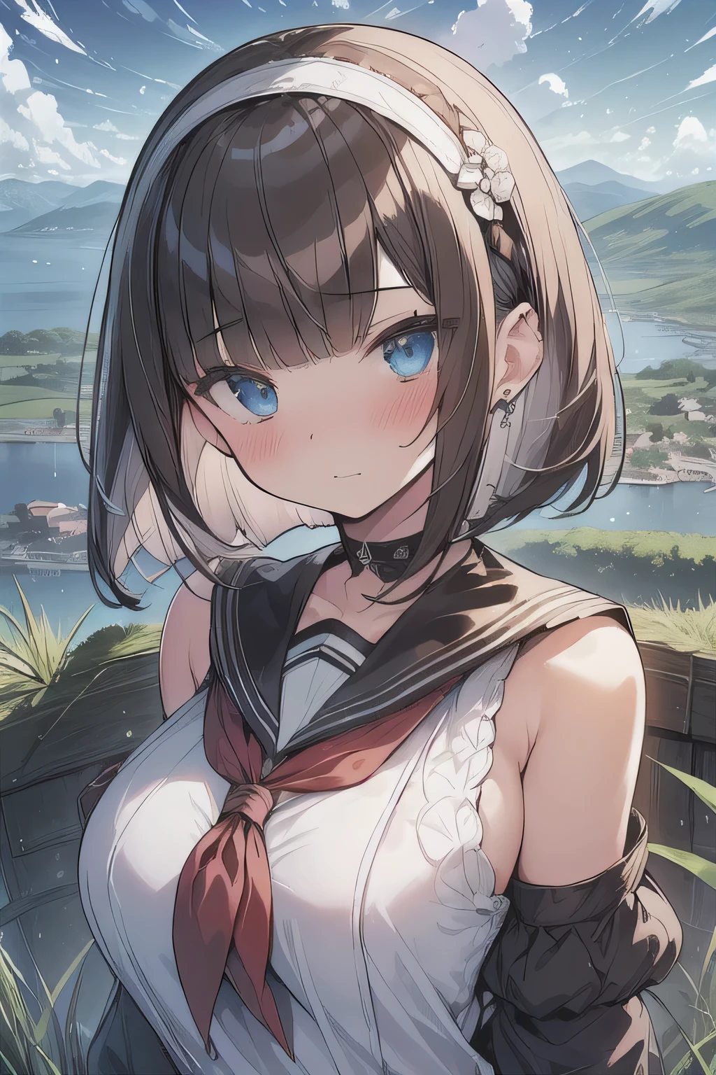 (best quality), (Super detailed), (Best Illustration), (masterpiece), (woman), High Contrast,  upper body, (white serafuku), (large breasts), {(detailed eyes), blue eyes}, {brown hair, (sideburns), (bob cut:1.3), curly hair, hairs between eyes, colored inner hair}, blush, earring, hair band, (wind), beautiful sky, (panoramic view:1.4)