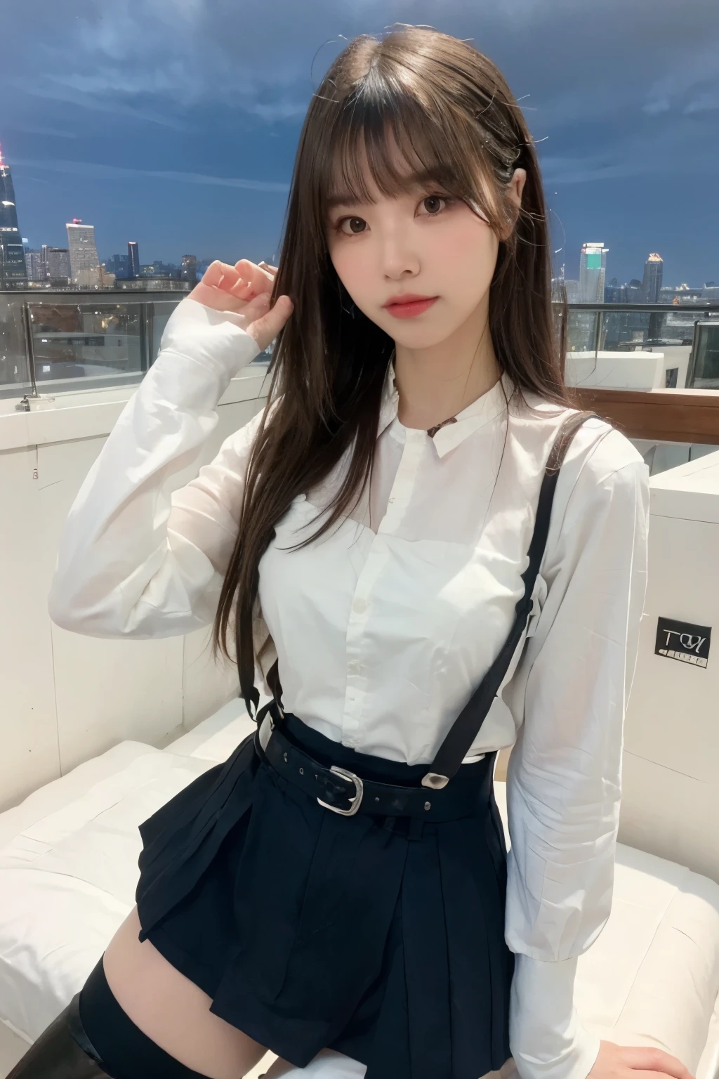((Midnight, highest quality, 8k, masterpiece :1.3)), whole body, Long legs, Sharp focus :1.2, Beautiful woman with perfect figure :1.4, Slim Abs :1.1, ((Dark brown hair, Big Breasts :1.2)), (White tight T-shirt, Jean Bib, Are standing:1.2), ((Night city view, rooftop:1.3)), Very detailedな顔と肌の質感, Fine grain, Double eyelids one girl,highest quality,masterpiece,figure,Very delicate and beautiful,CG,Unity,8k wallpaper,wonderful,In detail,masterpiece,Official Art,Very detailed CG Unity 8k wallpaper,Incredibly absurd,Large file size,Very detailedな,High resolution,Very detailed,Beautiful detailed girl,Realistic,from the front,Outdoor, suspenders Large swollen breasts Black mini skirt garter belt Knee-high socks bangs Beauty Hands up Black boots one person Dress shirt Hands Behind Back put your hands behind your back With your hands behind your back Armament holster A room at the Belt Hotel Bed Wall side