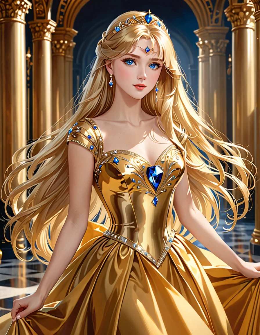 Incredibly beautiful golden-haired blonde with blue eyes, long golden hair. She has long bangs, a luxurious gold dress, and an exquisite gold tiara. Masterpiece, perfect image, realistic pictures, detailed face study, full-length image, 8k, detailed image. extremely detailed illustration, a real masterpiece of the highest quality, with careful drawing.