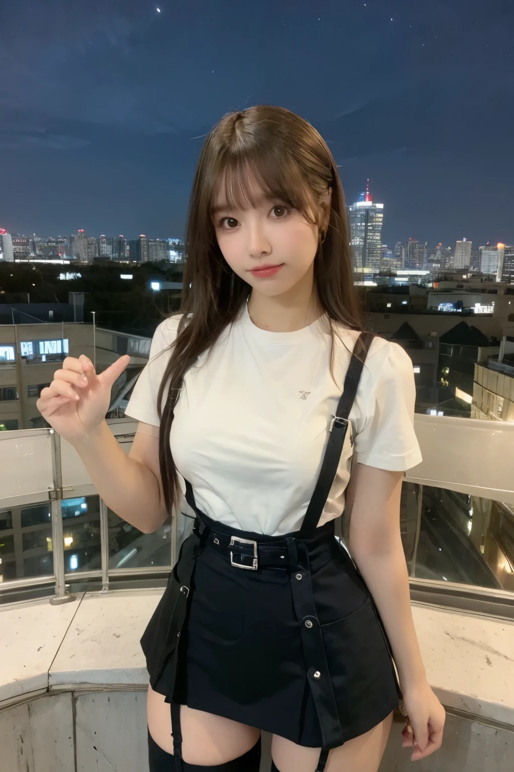 ((Midnight, highest quality, 8k, masterpiece :1.3)), whole body, Long legs, Sharp focus :1.2, Beautiful woman with perfect figure :1.4, Slim Abs :1.1, ((Dark brown hair, Big Breasts :1.2)), (White tight T-shirt, Jean Bib, Are standing:1.2), ((Night city view, rooftop:1.3)), Very detailedな顔と肌の質感, Fine grain, Double eyelids one girl,highest quality,masterpiece,figure,Very delicate and beautiful,CG,Unity,8k wallpaper,wonderful,In detail,masterpiece,Official Art,Very detailed CG Unity 8k wallpaper,Incredibly absurd,Large file size,Very detailedな,High resolution,Very detailed,Beautiful detailed girl,Realistic,from the front,Outdoor, suspenders Large swollen breasts Black mini skirt garter belt Knee-high socks bangs Beauty Hands up Black boots one person Dress shirt Hands Behind Back put your hands behind your back With your hands behind your back Armament holster A room at the Belt Hotel Bed Wall side