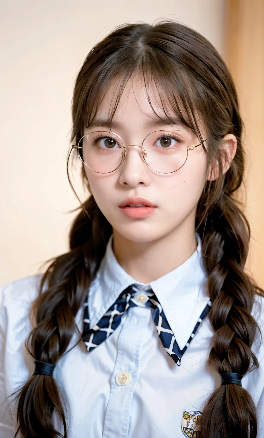 one pretty girl, solo, twin braids, blunt bangs, prefect face, blush, lips, big , thin waist, school uniform, round eyewear, glasses, bow, collared shirt, looking at viewer, soft lighting, film grain, 35mm film, 
