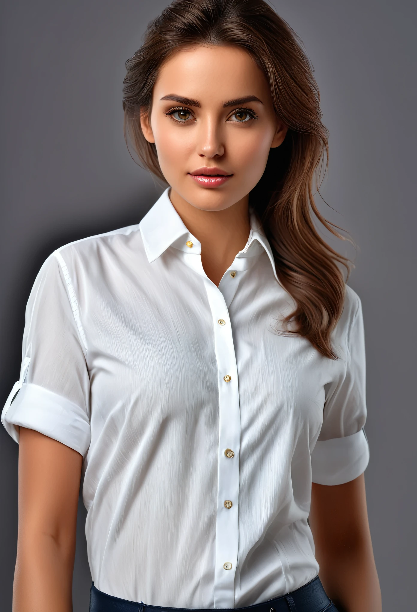 (best quality,8k,photo-realistic), a beautiful woman in a white shirt, her full body portrayed with exquisite detail. Her face is flawless, with perfectly shaped features, and her eyes captivate with their stunning beauty. The portrait is hyper-realistic, capturing every intricate detail with utmost precision. The image quality is of the highest standard, with 8k resolution that brings out the finest nuances. It resembles a professional photography, as if she is posing for a perfectly composed shot. The overall look and feel of the image is incredibly lifelike and realistic.