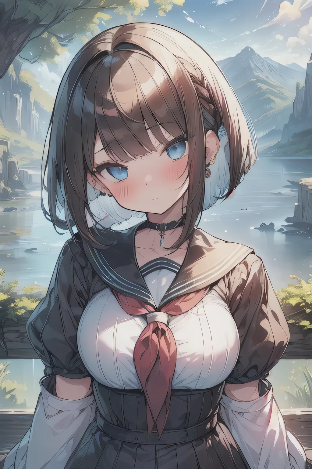 (best quality), (Super detailed), (Best Illustration), (masterpiece), (woman), High Contrast,  upper body, (white serafuku), (large breasts), {(detailed eyes), blue eyes}, {brown hair, (sideburns), (bob cut:1.3), curly hair, hairs between eyes, colored inner hair}, blush, earring, (panoramic view:1.4)