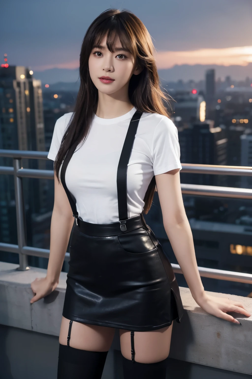 ((Midnight, highest quality, 8k, masterpiece :1.3)), whole body, Long legs, Sharp focus :1.2, Beautiful woman with perfect figure :1.4, Slim Abs :1.1, ((Dark brown hair, Big Breasts :1.2)), (White tight T-shirt, Jean Bib, Are standing:1.2), ((Night city view, rooftop:1.3)), Very detailedな顔と肌の質感, Fine grain, Double eyelids one girl,highest quality,masterpiece,figure,Very delicate and beautiful,CG,Unity,8k wallpaper,wonderful,In detail,masterpiece,Official Art,Very detailed CG Unity 8k wallpaper,Incredibly absurd,Large file size,Very detailedな,High resolution,Very detailed,Beautiful detailed girl,Realistic,from the front,Outdoor,　suspenders　　　Large swollen breasts　　 　 　　　　Black mini skirt　garter belt　Knee-high socks　　　　　　　bangs 　　　　　Beauty　　Hands up　　 　　Black boots 　　　　one person 　　　Dress shirt　　　Hands Behind Back　put your hands behind your back　　With your hands behind your back　Armament　holster　　A room at the Belt Hotel　Bed　Wall side