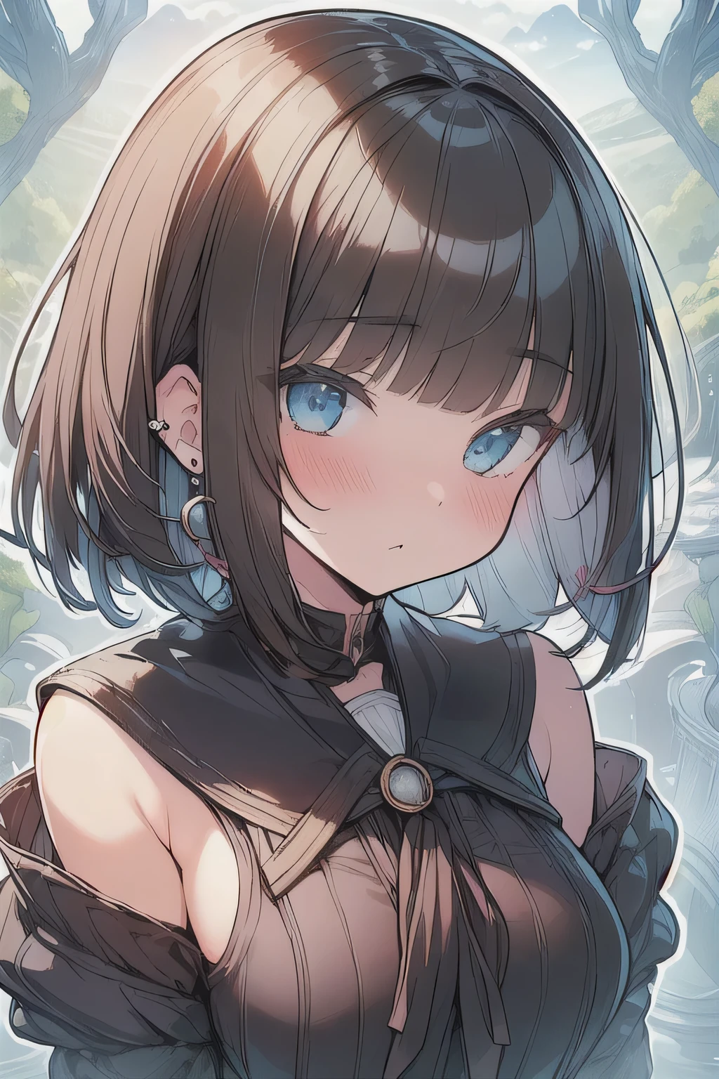 (best quality), (Super detailed), (Best Illustration), (masterpiece), (woman), High Contrast, upper body, (white serafuku), (large breasts), {(detailed eyes), blue eyes}, {brown hair, (sideburns), (bob cut:1.3), curly hair, hairs between eyes, colored inner hair}, blush, earring, (panoramic view:1.4)