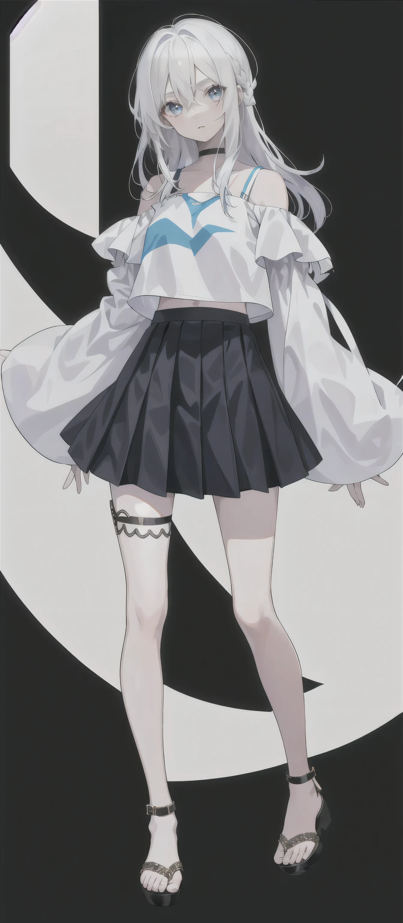 1 girl, 20 years old, full body, white hair, hairs between eyes, crossed bangs, long hair, skirt, wide sleeves, sandals, midriff peek, off-shoulder shirt,