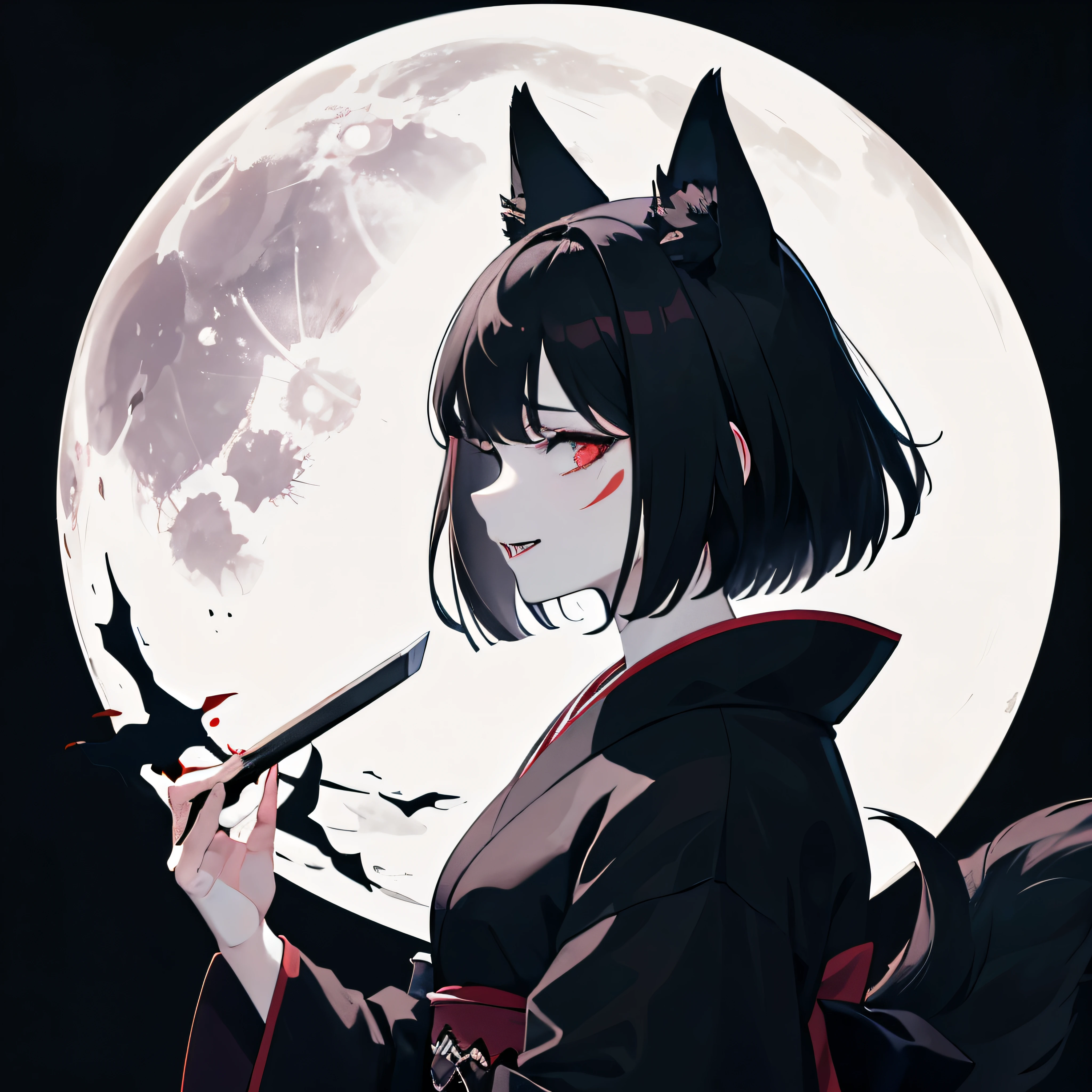 A girl with black fox-ears, face scars and morbid bloodless-face. She is wearing black Japanese-kimono and holding 匕首 the knife. She is eerily laughing, insanity. Blood-moon, Groves at night, Dark atmosphere, Gloomy, Profile