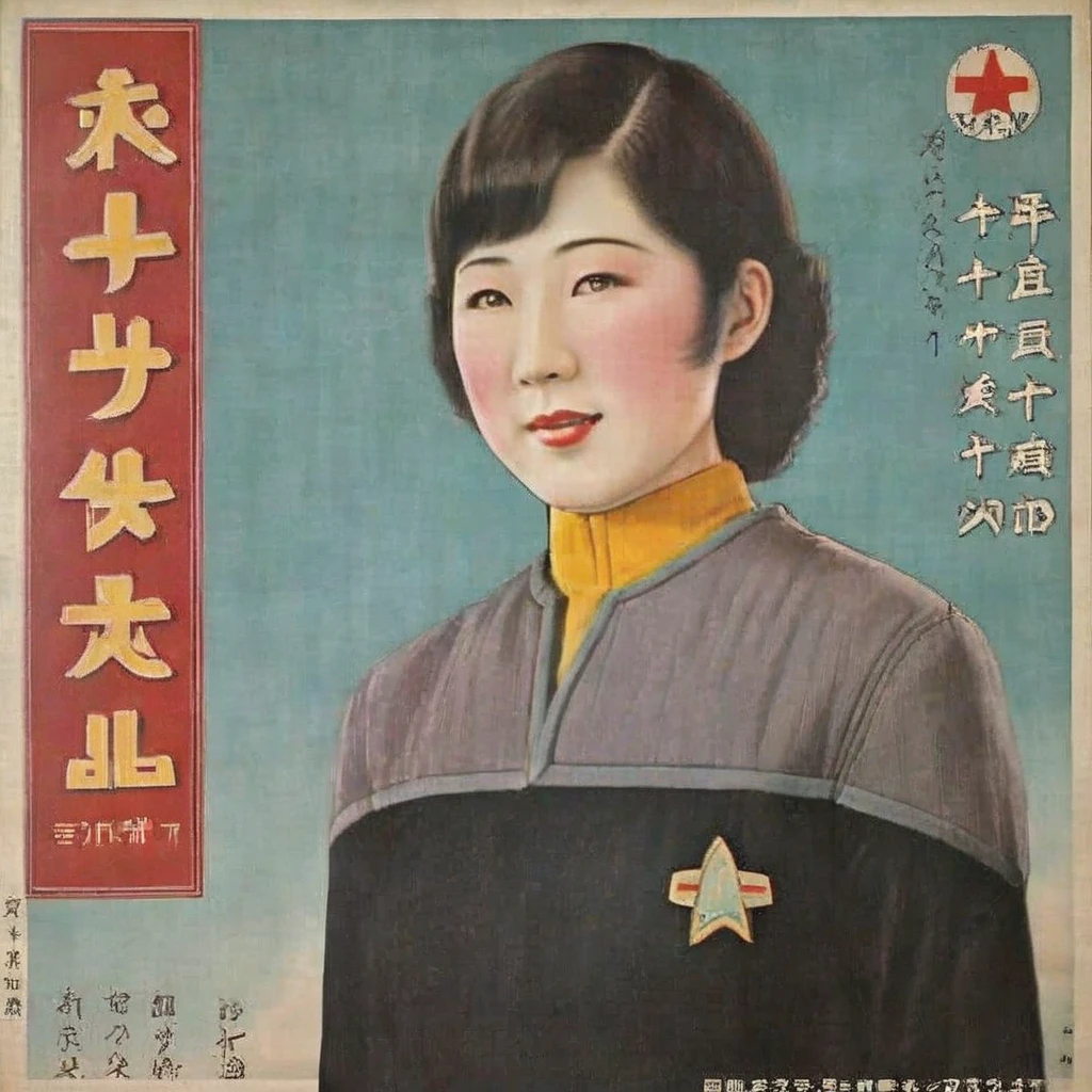 A photorealistic representation of a 1930s Japanese ukiyo e prints poster featuring an fullbody japanese female in black and grey ds9st uniform red collar yellow collar teal collar aboard a starship corridoor