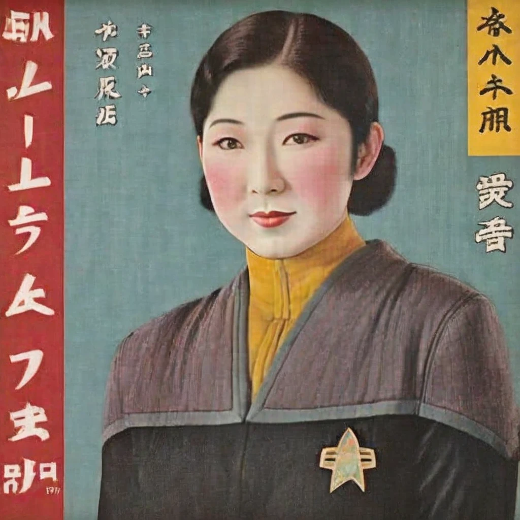 A photorealistic representation of a 1930s Japanese ukiyo e prints poster featuring an fullbody japanese female in black and grey ds9st uniform red collar yellow collar teal collar aboard a starship corridoor