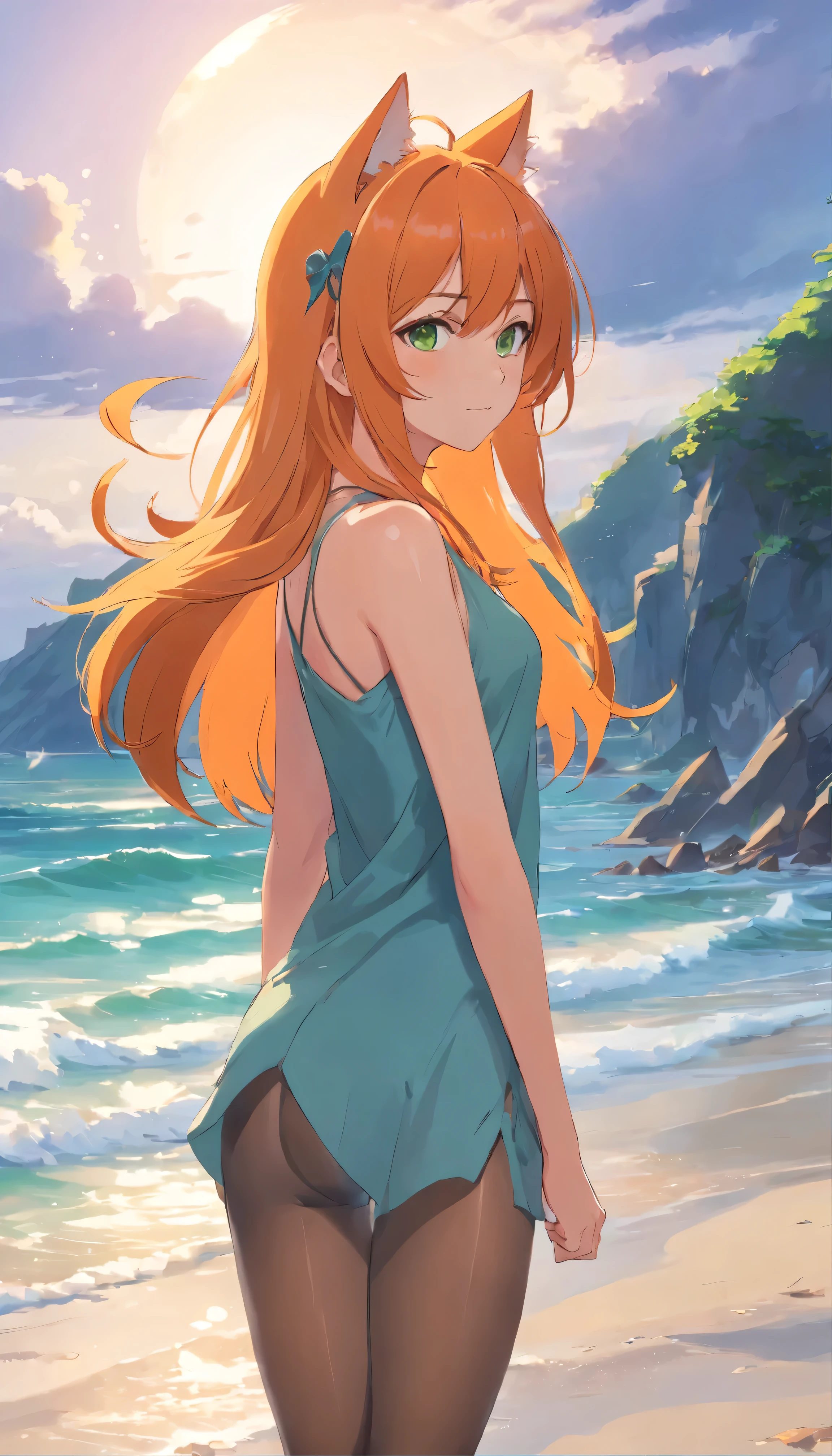 anime girl with long orange hair standing on beach near ocean, green eyes detailed digital anime art, cat ears, , anime girl with long hair, smooth anime cg art, anime girl with long hair, digital anime art, artwork in the style of guweiz, beautiful anime portrait, photorealistic anime girl render, beautiful anime girl, advanced digital anime art, pantyhose, guweiz on artstation pixiv upscale HD UHD HQ
