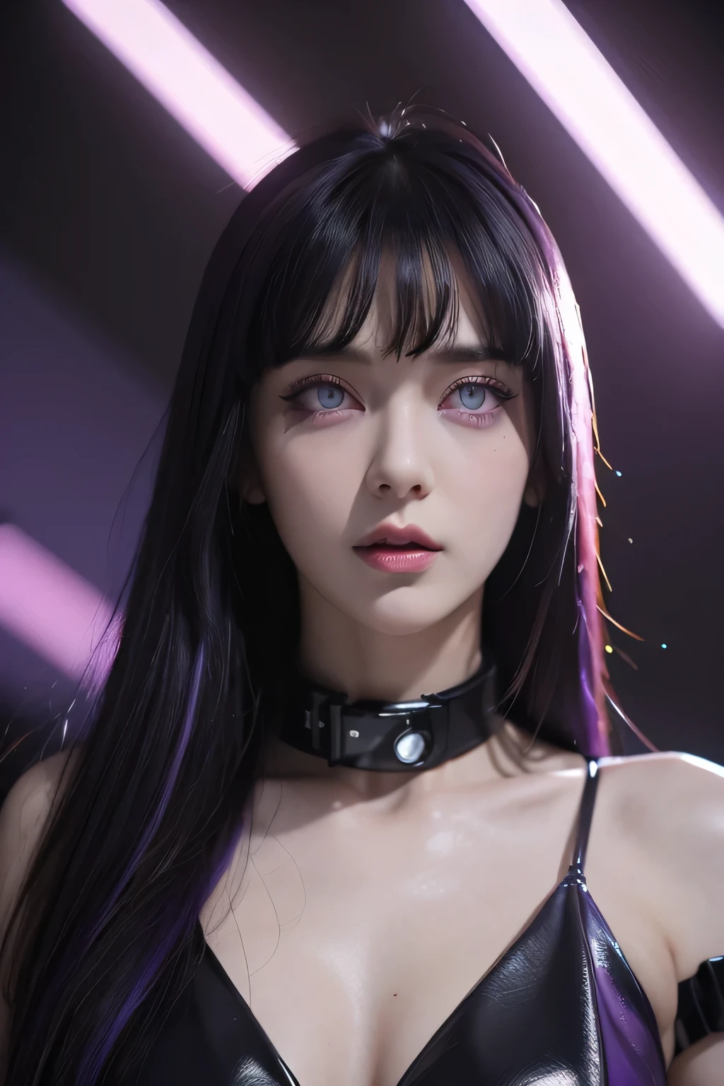 One female , bright purple eyes , "pupils glowing purple" , dark blue hair , blonde highlights" , very_long_hair with bang, big_breasts , perfect figure , detailed face, perfect face, upper body, masterpiece , best quality , ultra detailed , (detailed background) , perfect shading , high contrast , best illumination , extremely detailed , ray tracing , realistic lighting effects , neon noir illustration , cyberpunk background
