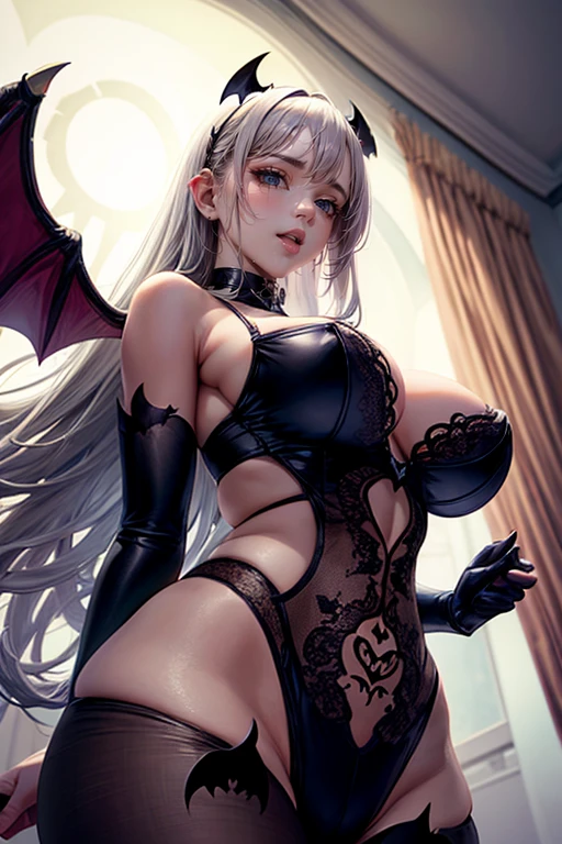 Ultra-high resolution、8k、Realistic、Perfect Sentence、Detailed lighting、Dramatic Shadows、Ray Tracing、1 girl、 Looking at the audience、The Enchanting Succubus Queen:1.5、(Big black wings:1.5)、Tight see-through lingerie、Big Breasts:1.4 、Condescending smile、Ulzzang Makeup、Hotel Rooms、(In a luxurious bed)、Silver Hair、Pink crotch tattoo、Upper body portrait、vapor:1.5、(Spread your legs:1.5)、From above、(Succubus lying on her back in bed:1.5)、(grab breast:1.5)