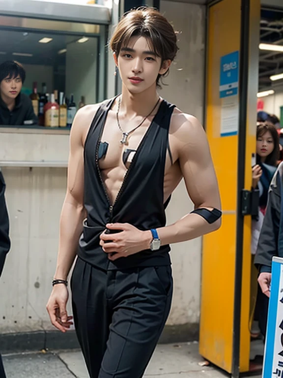 Exquisite, masterpiece, Beautiful details, colorful, Subtle details, Delicate lips, Intricate details, Muscular chest, 1 male, (20 year old handsome Korean man: 1.5), (K-Pop Idols, Korean mixed race), (50mm Sigma f/1.4 ZEISS Lenses, F1.4, 1/800s, ISO100, photograph:1.1), (Go brunette: 1.2), (Realistic:1.4 ), (spy:1.2), (Black suit:1.5), Earrings, necklace, Arm band, (Shoulder strap, bar:1.2), (美foot, High Girl, skinny, slim_foot, thigh_gap, model:1.2), Lens flare, Viewed from the front, (Smile: 1.1), Dynamic pose, (compensate: 1.2), barスツールに座っている,(Tanned dark skin:1.6)