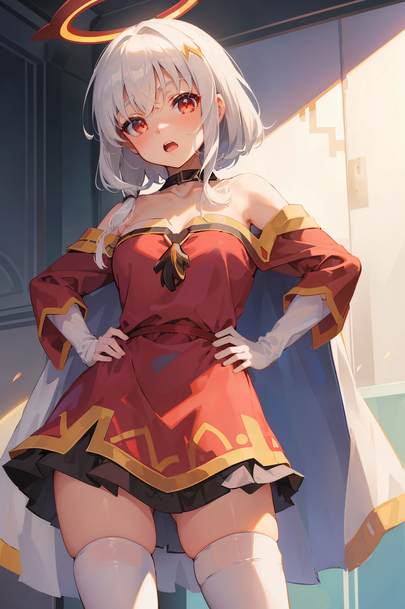 (masterpiece),best quality, expressive eyes, perfect face, 1girl,
 Small breasts, pointy close, H-cup, good breast, beautiful, gorgeous,anime,girl,lora, hands on waist, hands on hips,1girl, solo, thighhighs, paimon ( solo, teeth, cape, 1girl, red eyes, megumin, megumindef), long sleeves, white dress, dress, halo, thighhighs under boots, single thighhigh, bangs, boots, hair between eyes, white footwear, white thighhighs, white hair, ((Short skirt)), ((Neckline, strapless))