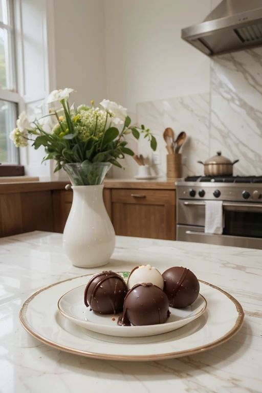 Imagine yourself in a serene and minimalist environment, where white dominates, softly contrasting with shades of pastel brown scattered here and there. You are in a cozy kitchen, adorned with wooden details and some delicate green leaves in strategically placed vases. In the center of the scene, rests a white porcelain plate adorned with Brazilian truffles "casadinho" flavor. They are little culinary works of art, perfectly round, half dark chocolate and half white chocolate.