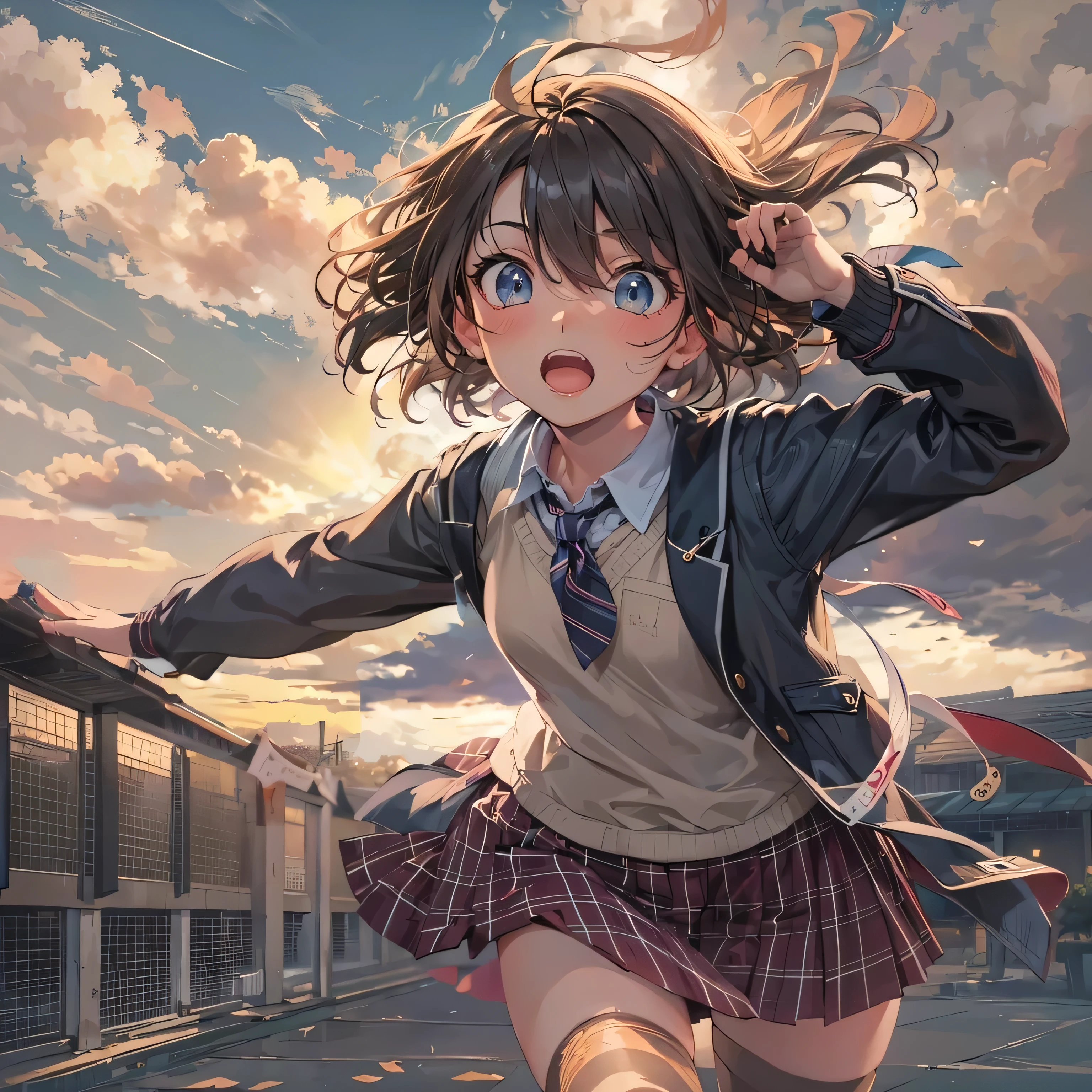 alone, girl, japanese highschool girl, High , Jacket and checked skirt, (Being late and panicking), Beautiful sky, Detailed Clouds, Warm lighting, short hair, Shiny Hair, Dark Eyes, Beautiful face and eyes in every detail, Cinema Lighting, JPEG artifacts, Eye-level shot, Cast a Shadow, Depth of written boundary, tachi-e, Colors like Ghibli, masterpiece, retina, Accurate, highest quality, High resolution, 8k, Very detailed