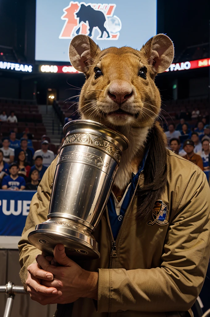 The mouse holds the trophy in front of the buffalo audience
