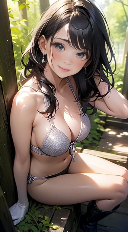 (from above:1.0),(from side:0.7), ((Face)), (Close-Up:1.4),8K, 4k, highest quality, (High resolution: 1.2), (masterful, realistic, Photoreal: 1.4), a 18yo girl、beautiful face, She is smiling、(masterpiece, highest quality), Beautiful woman, wizard bikini armor, gloves, thigh high boots, wavy hair, asymmetrical bangs, perfect face, beautiful face, attractive, big and gorgeous eyes, Severe, perfect slim fit body, mysterious forest, excellent lighting, bright colors,narrow waist,(with sparkling eyes and a contagious smile), pose muy y",her thin pubic hair, looking at viewer,