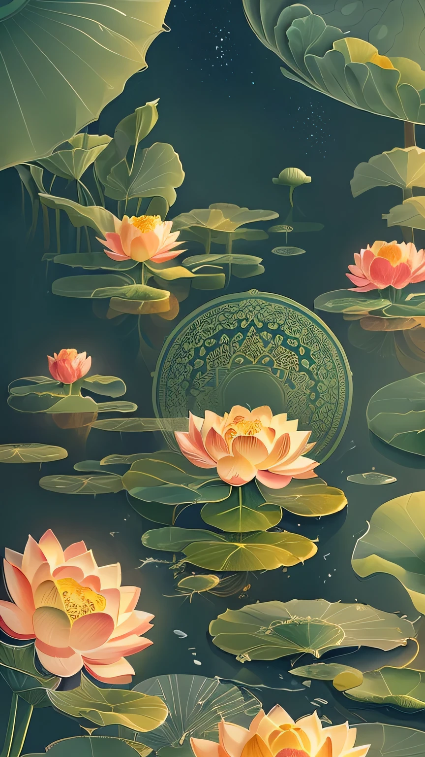 lotus,Lotus Leaf, Tranquility illustration, Beautiful digital illustrations, A beautiful artistic illustration, Beautiful digital illustrations, Highly detailed numbers, High Detail,Cartoon Rendering Action Poster, Ripples in the water Lotus in the Foreground,Bright light,Light green,Abstract pictures,Surrealism,Clear background,Clear outline light,Rim Light,Fantasy, Intricate details, BeautiFul color grading, Unreal Engine, Movie, Color grading,Edit photography, photography, photo shoot, Shot with a 70mm lens, Depth oF Field,degrees oF , Tilt Blur, Shutter Speed 1/ 1000, F/ 22, White Balance,Octane Rendering, Blender, super quality, Ultra HD, 8k,nobody,No buildings