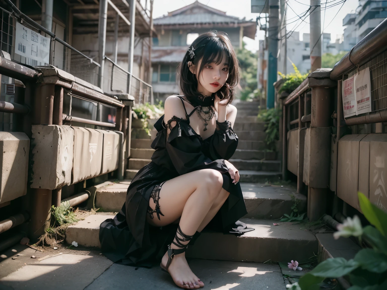minimum, harmony, aesthetic, in Ruins with broken concrete, soft light of dusk gently illuminates, (graceful girl see 1 flower blooming at her feet:1.2), 24-years-old, slender, Medium Hair, bangs, (Gothic_Punk:1.2), masterpiece, best quality, RAW Photos, photoRealistic, bokeh