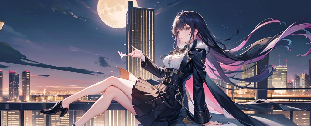 best quality, very good, 16K, Ridiculous, Extremely detailed, Beautiful woman sitting on a skyscraper, Staring into the distance, Wearing a long, loose coat,Waist-baring clothes,Pleated Skirt, Attractive appearance, wind, wind-effect, Moon night scene, (Magnificent views:1.1) , Clock Punk,night landscape,the whole city,spectacular
